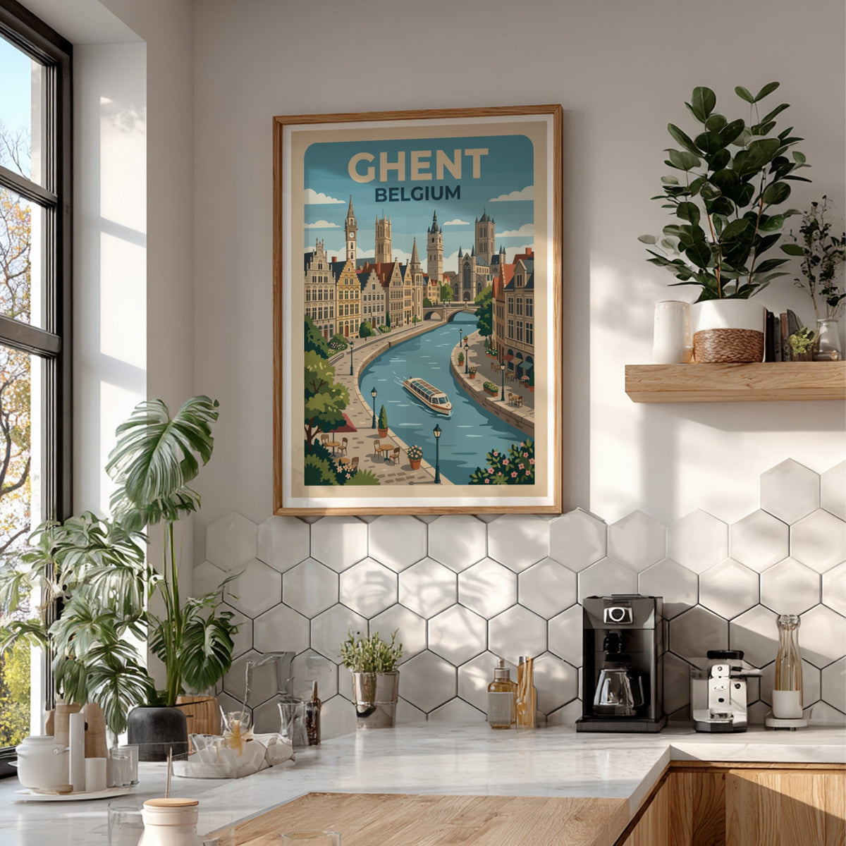 Travel poster of Ghent Belgium featuring historic buildings along a canal with boat
