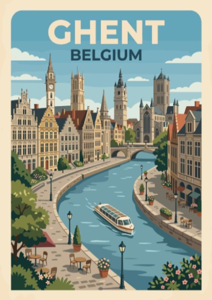Travel poster of Ghent Belgium featuring historic buildings along a canal with boat
