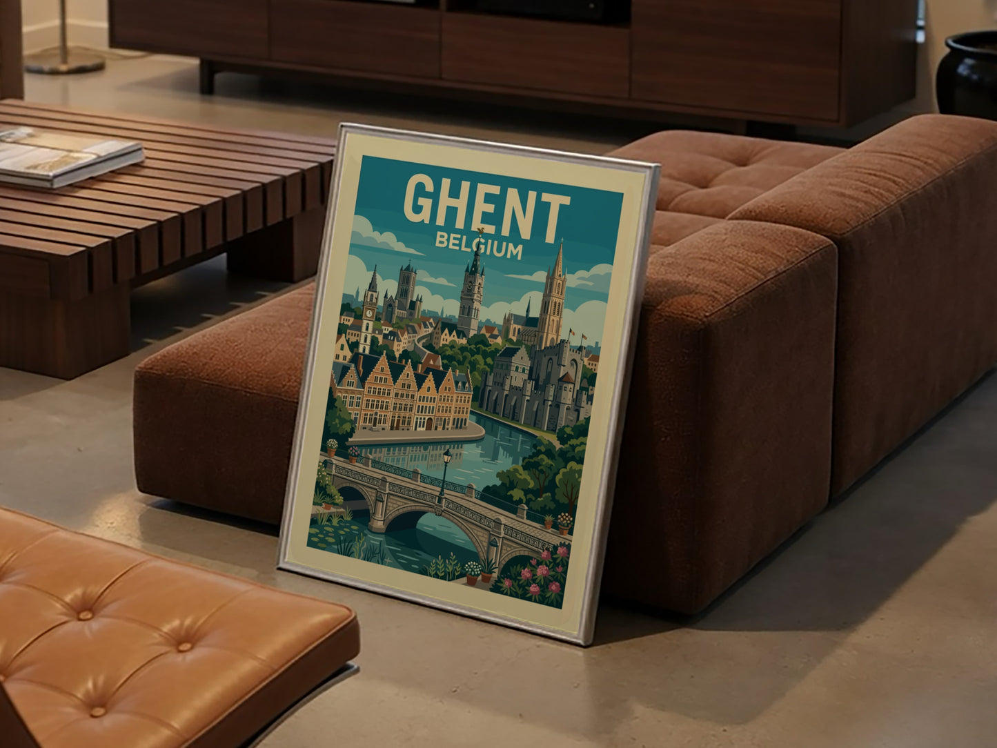 Ghent Belgium travel poster featuring a canal, historic buildings, and towers in a vintage art style.