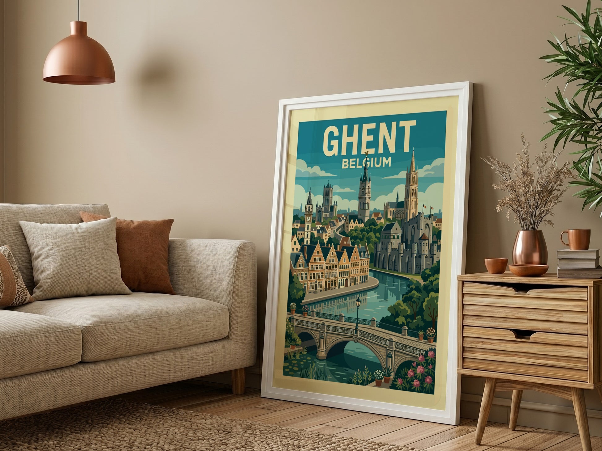 Ghent Belgium travel poster featuring a canal, historic buildings, and towers in a vintage art style.