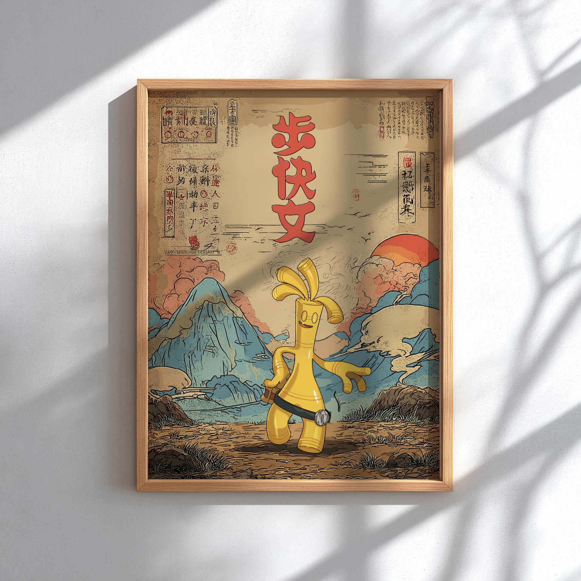 Framed artwork with Gholdengo Pokemon and mountain landscape on a light background