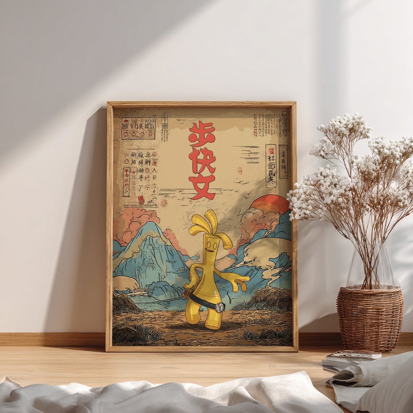 Framed artwork with Gholdengo Pokemon and mountain landscape on a wall.