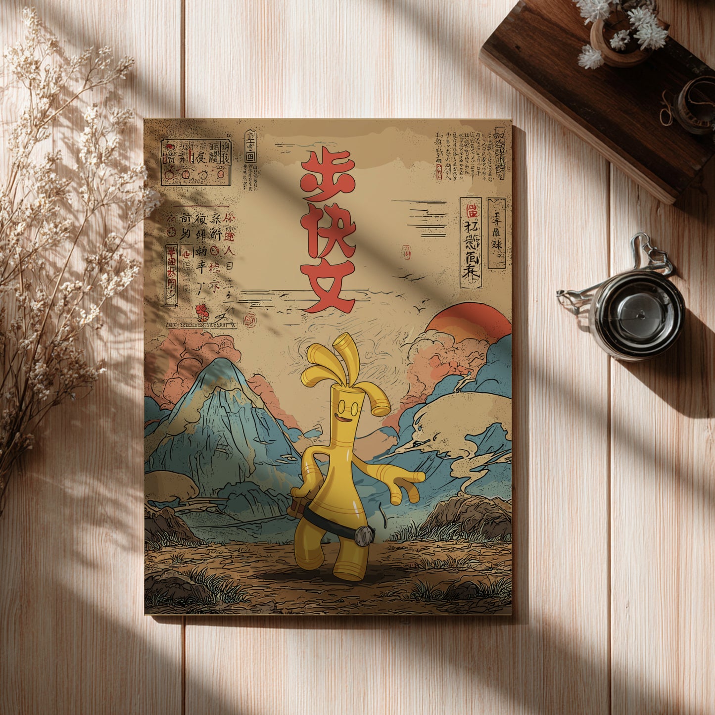 poster with a colorful illustration of Gholdengo Pokemon on a wooden surface