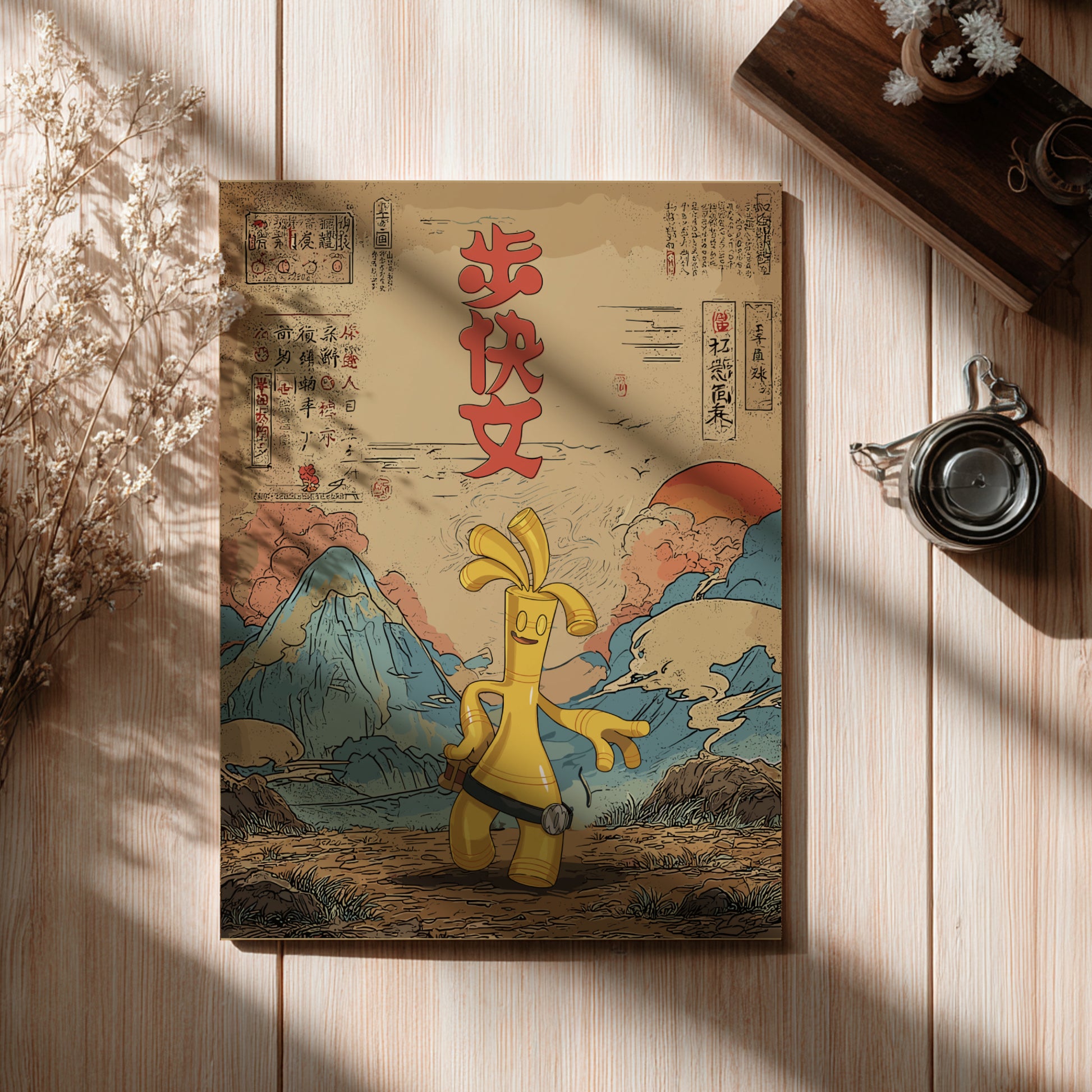poster with a colorful illustration of Gholdengo Pokemon on a wooden surface