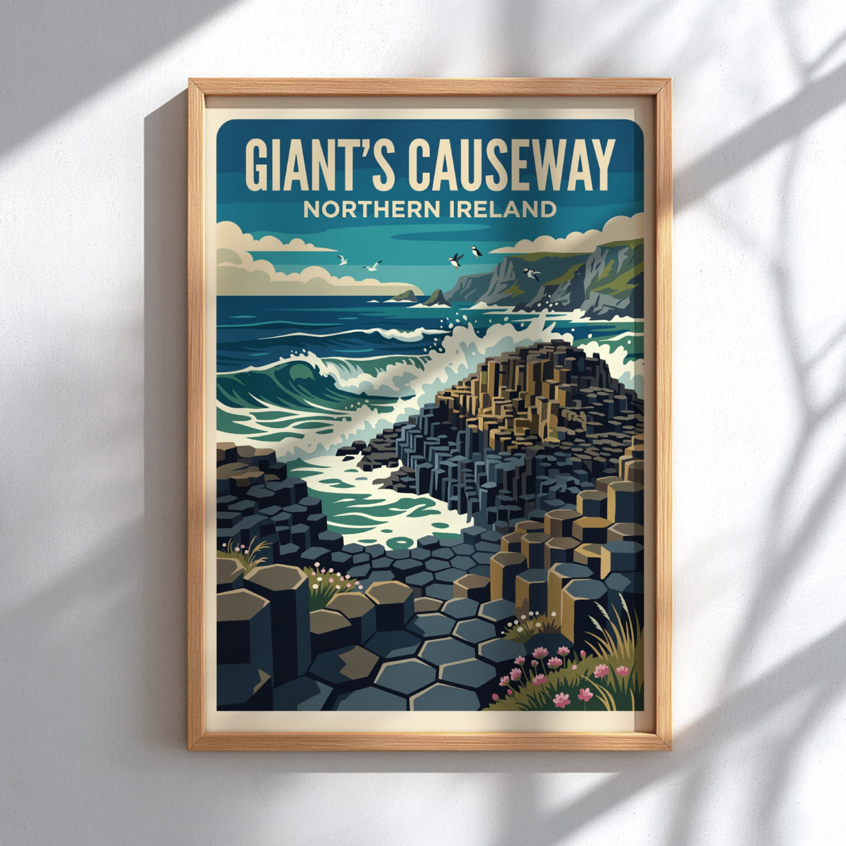 Giant's Causeway Northern Ireland travel poster featuring basalt columns and crashing blue waves.