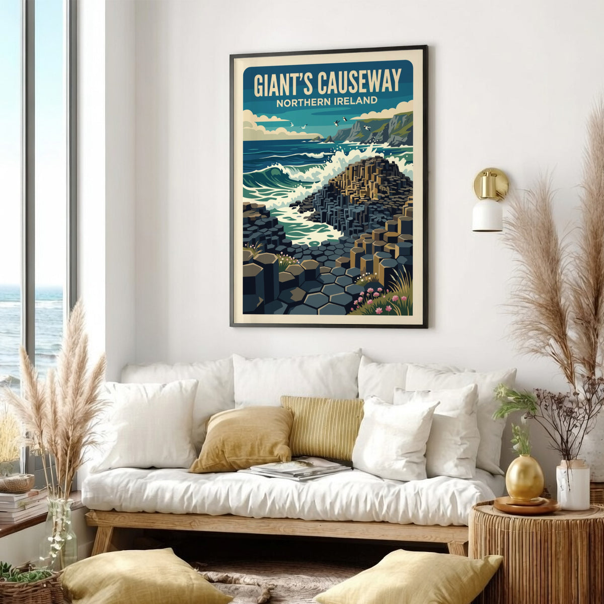Giant's Causeway Northern Ireland travel poster featuring basalt columns and crashing blue waves.