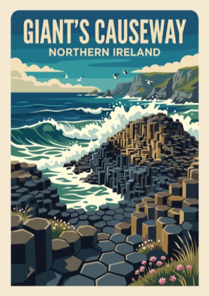 Giant's Causeway Northern Ireland travel poster featuring basalt columns and crashing blue waves.