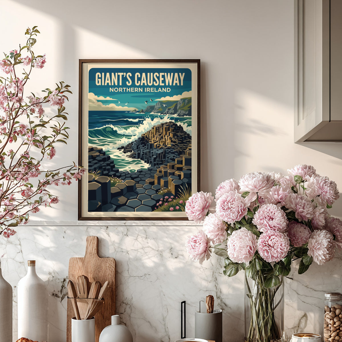 Giant's Causeway Northern Ireland travel poster featuring basalt columns and crashing blue waves.