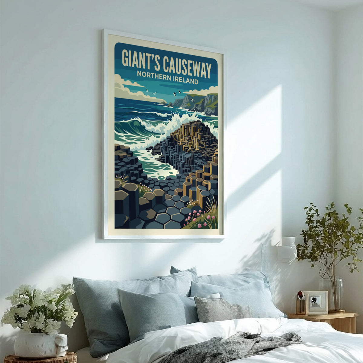 Giant's Causeway Northern Ireland travel poster featuring basalt columns and crashing blue waves.