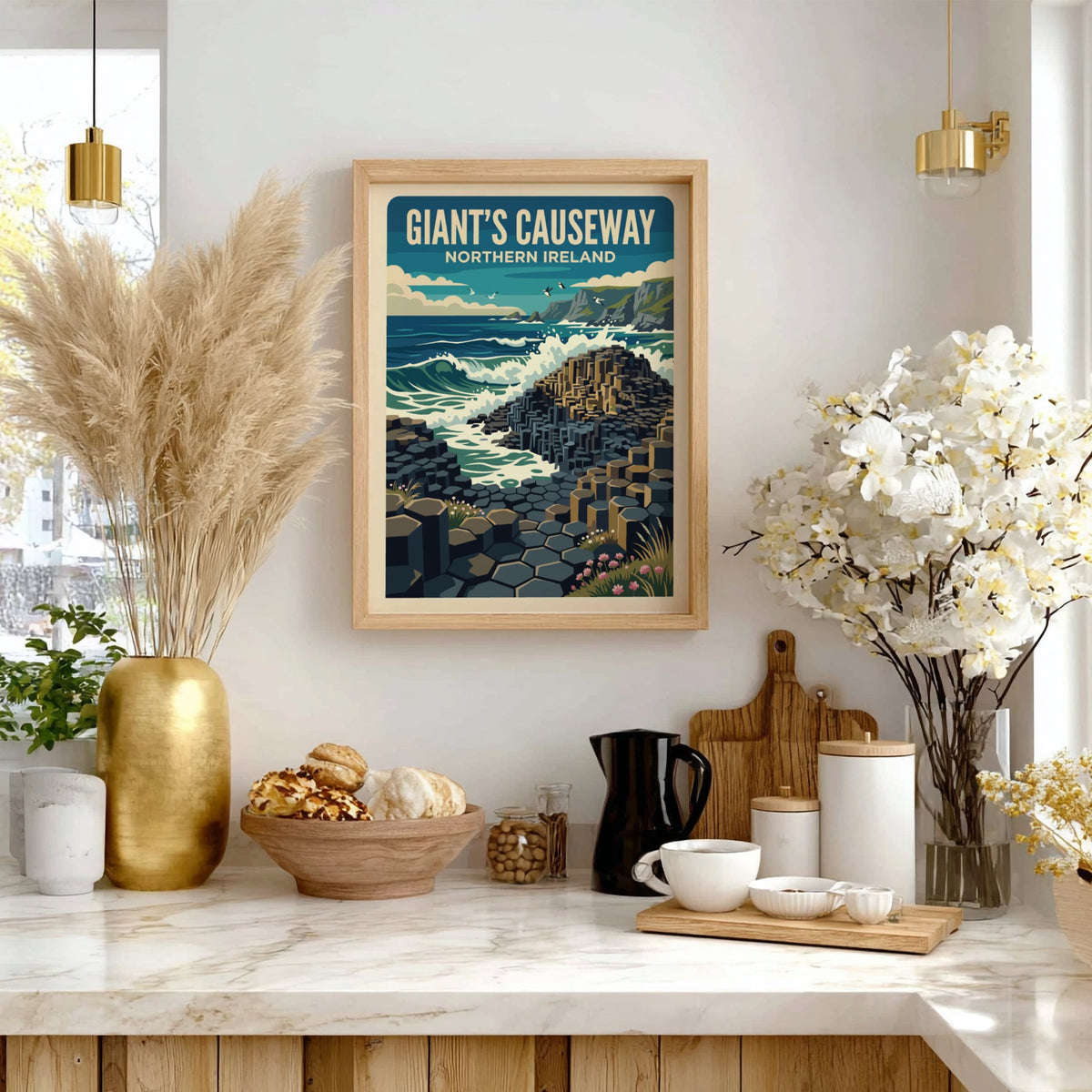 Giant's Causeway Northern Ireland travel poster featuring basalt columns and crashing blue waves.