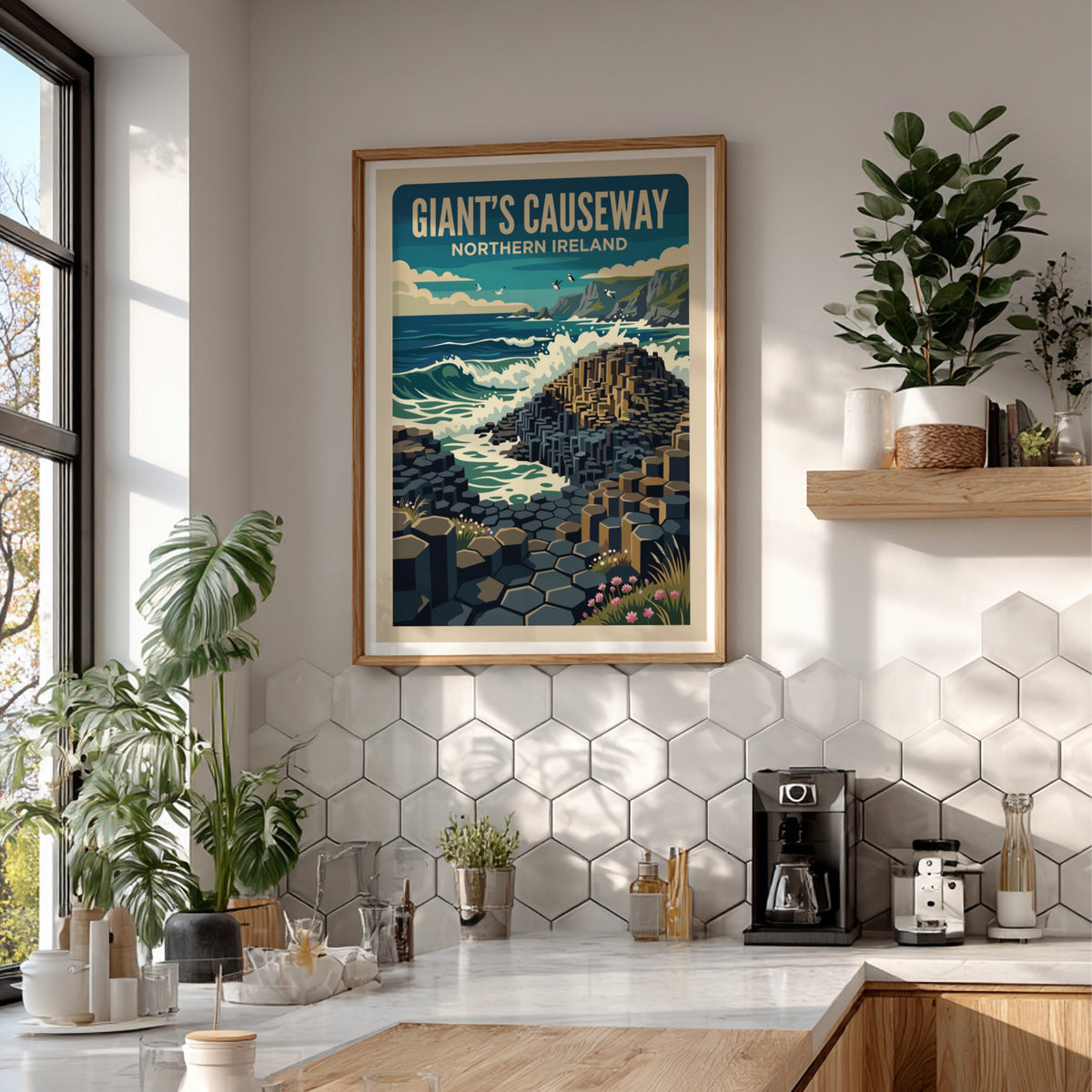Giant's Causeway Northern Ireland travel poster featuring basalt columns and crashing blue waves.