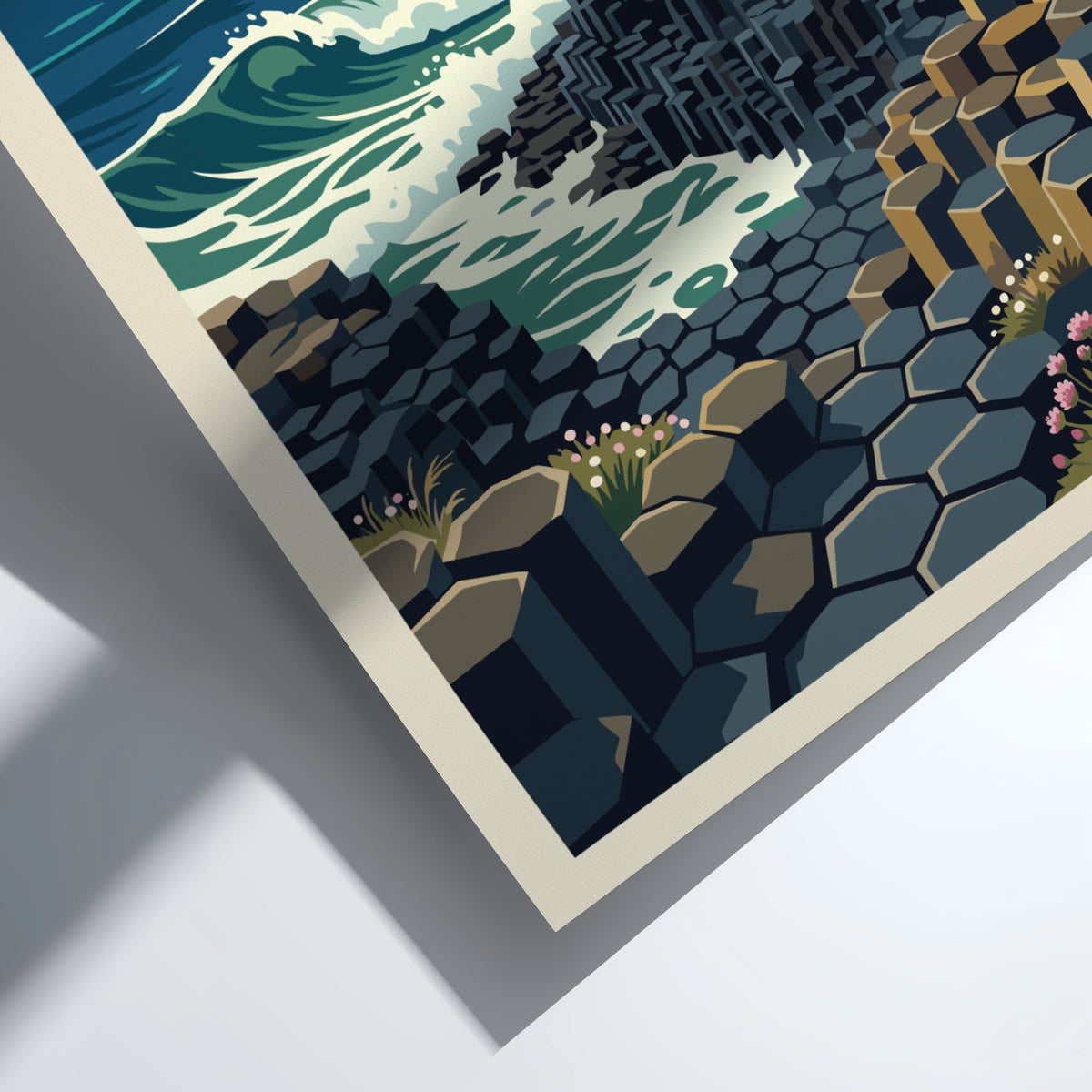 Giant's Causeway Northern Ireland travel poster featuring basalt columns and crashing blue waves.
