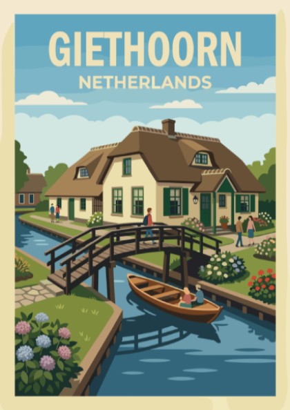 Poster featuring a charming Giethoorn village scene with canals, thatched cottages, and flowers.