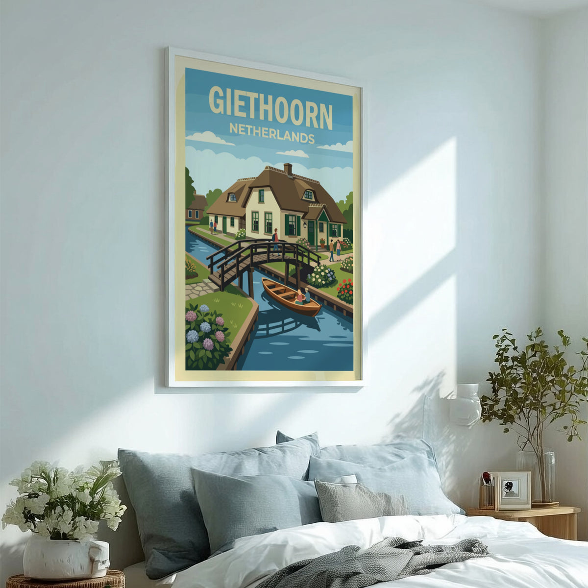Poster featuring a charming Giethoorn village scene with canals, thatched cottages, and flowers.