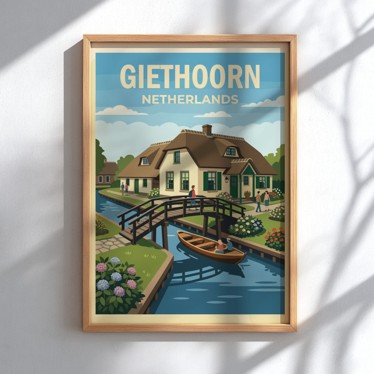 Poster featuring a charming Giethoorn village scene with canals, thatched cottages, and flowers.