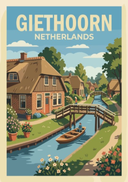 Poster of Giethoorn Netherlands featuring a canal with a boat and wooden bridge.