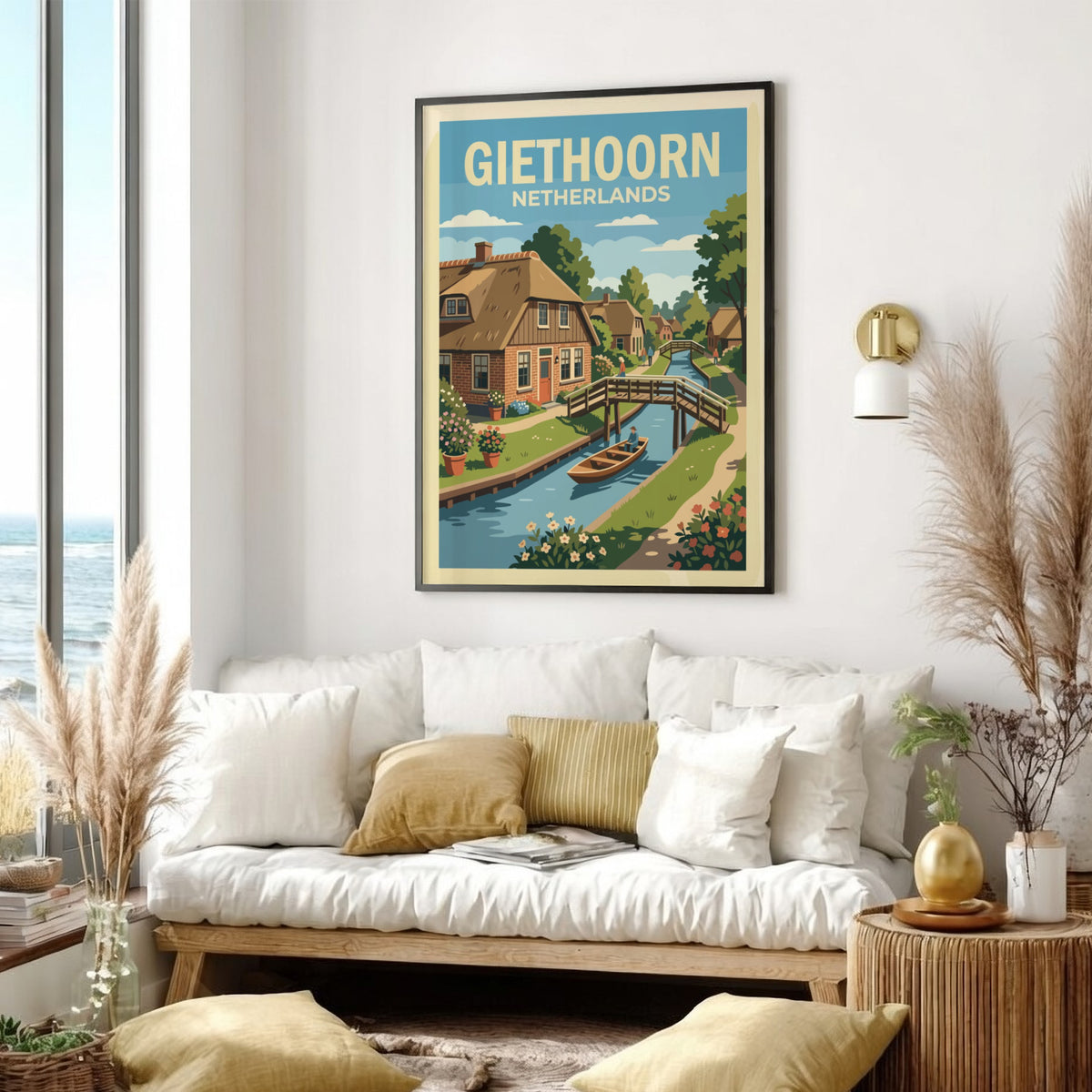 Poster of Giethoorn Netherlands featuring a canal with a boat and wooden bridge.