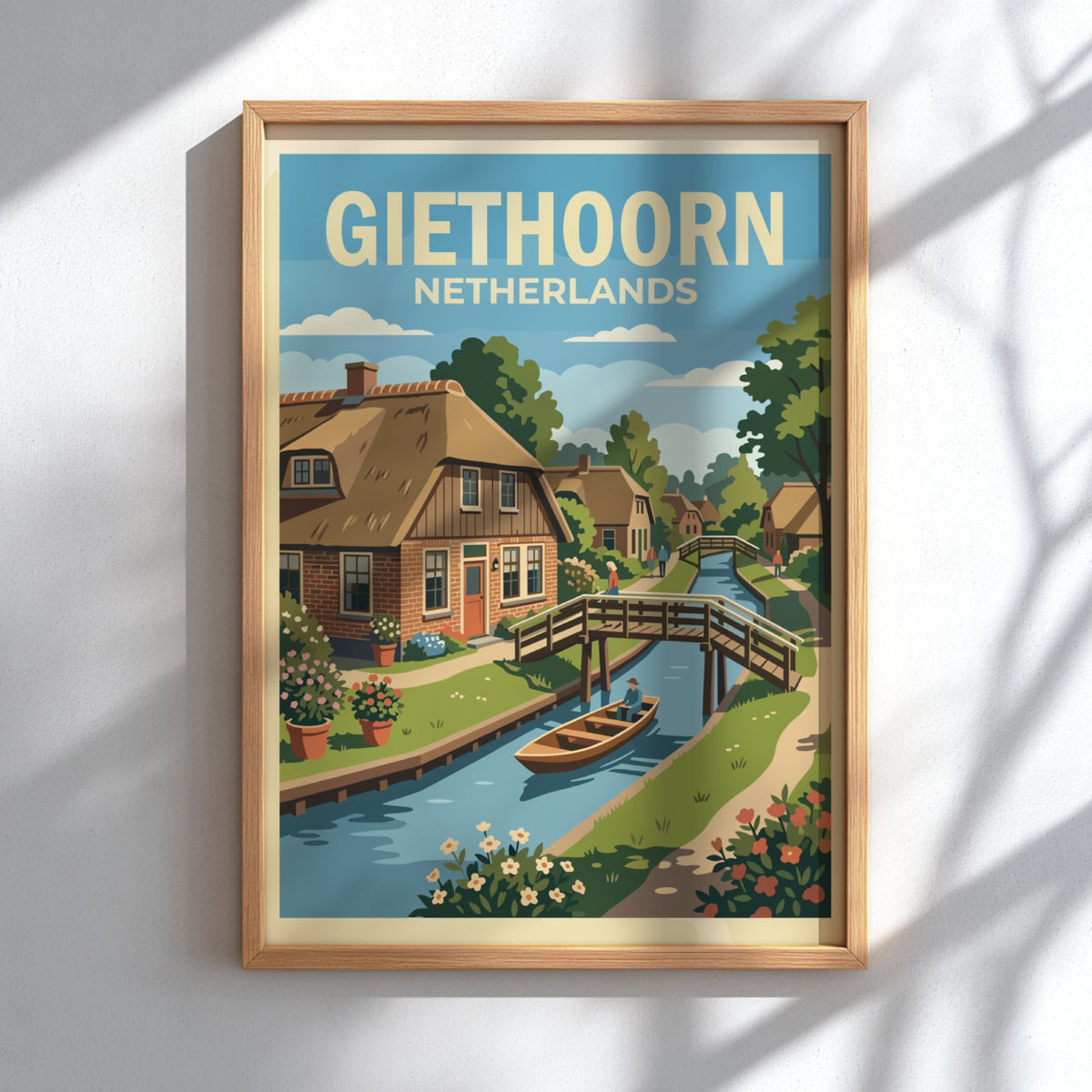 Poster of Giethoorn Netherlands featuring a canal with a boat and wooden bridge.