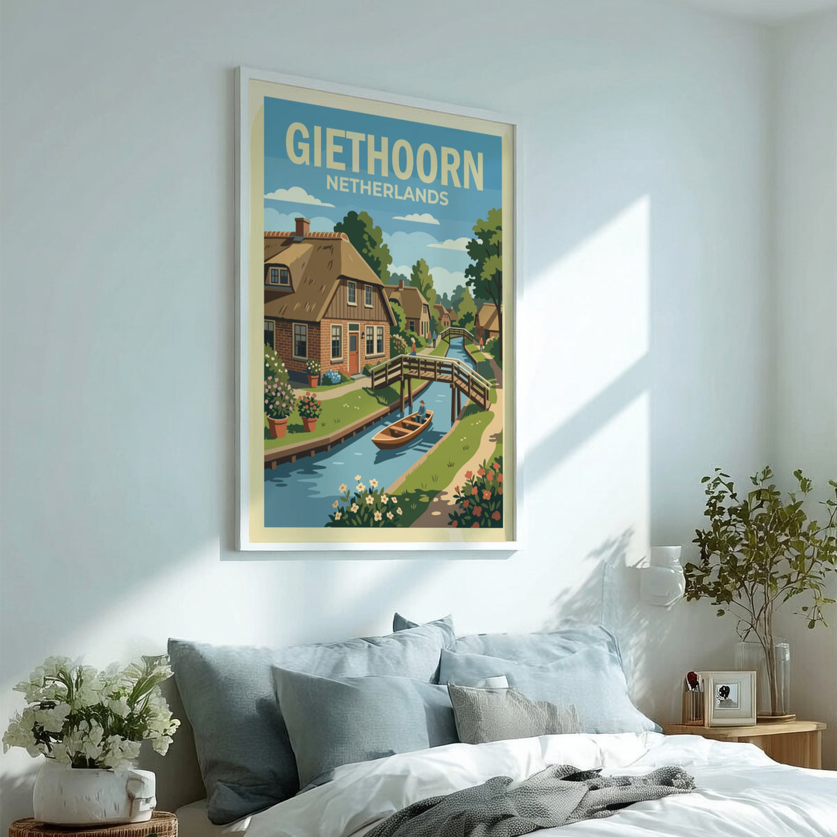 Poster of Giethoorn Netherlands featuring a canal with a boat and wooden bridge.