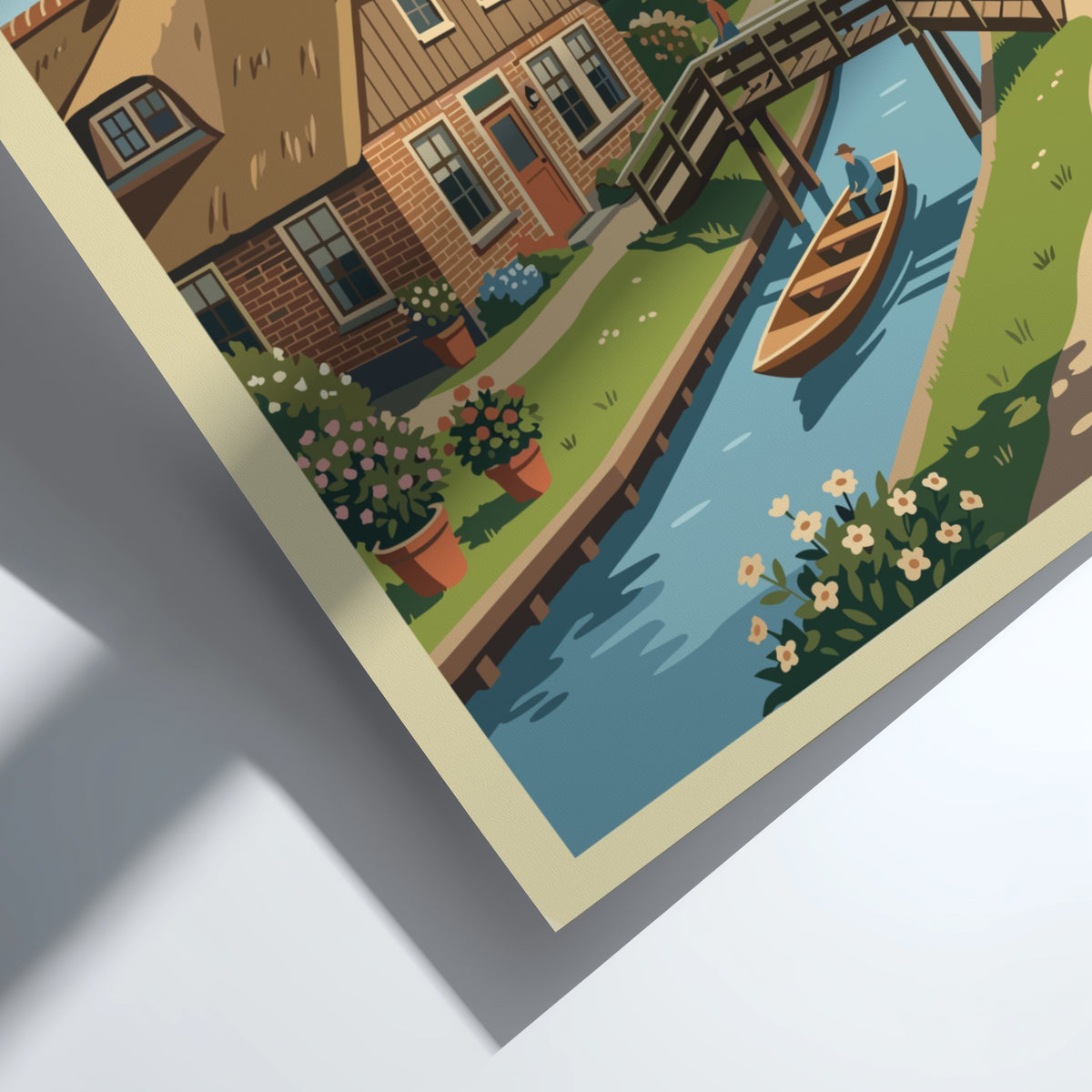 Poster of Giethoorn Netherlands featuring a canal with a boat and wooden bridge.