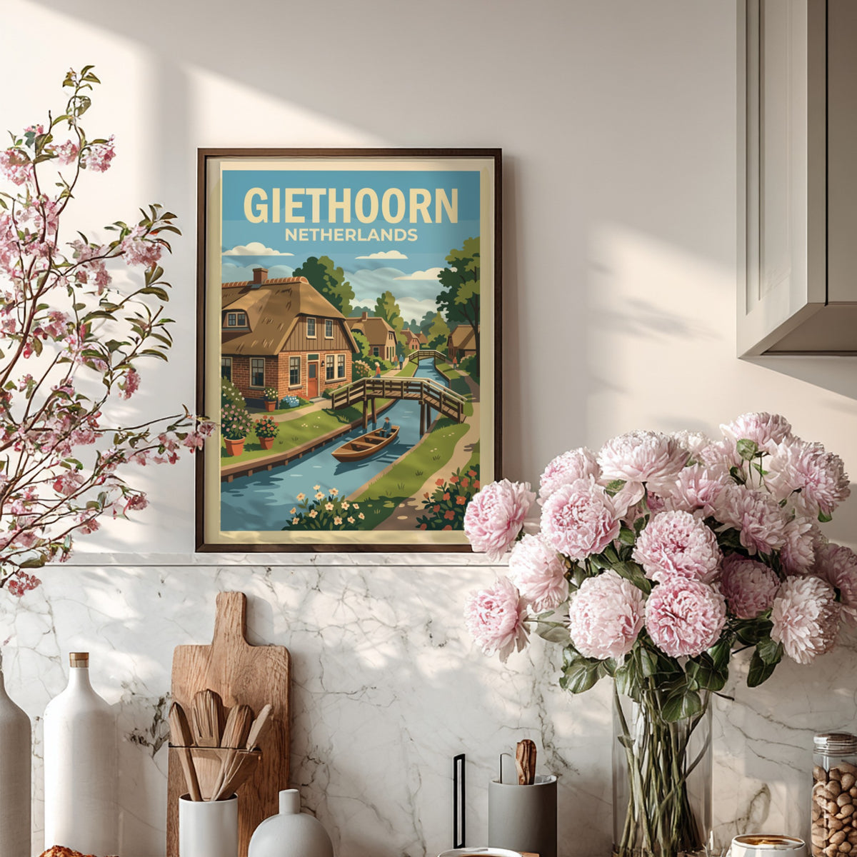 Poster of Giethoorn Netherlands featuring a canal with a boat and wooden bridge.