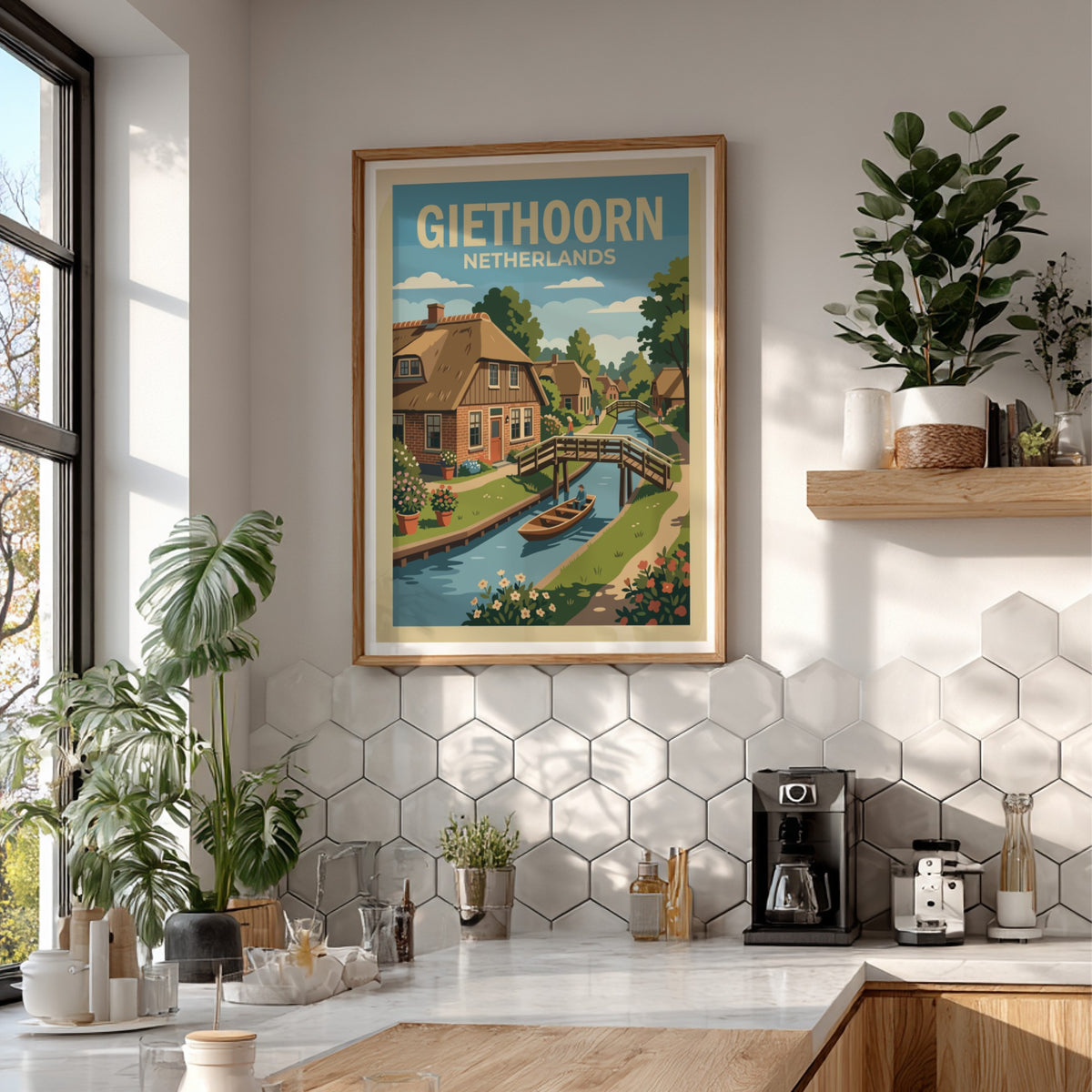 Poster of Giethoorn Netherlands featuring a canal with a boat and wooden bridge.