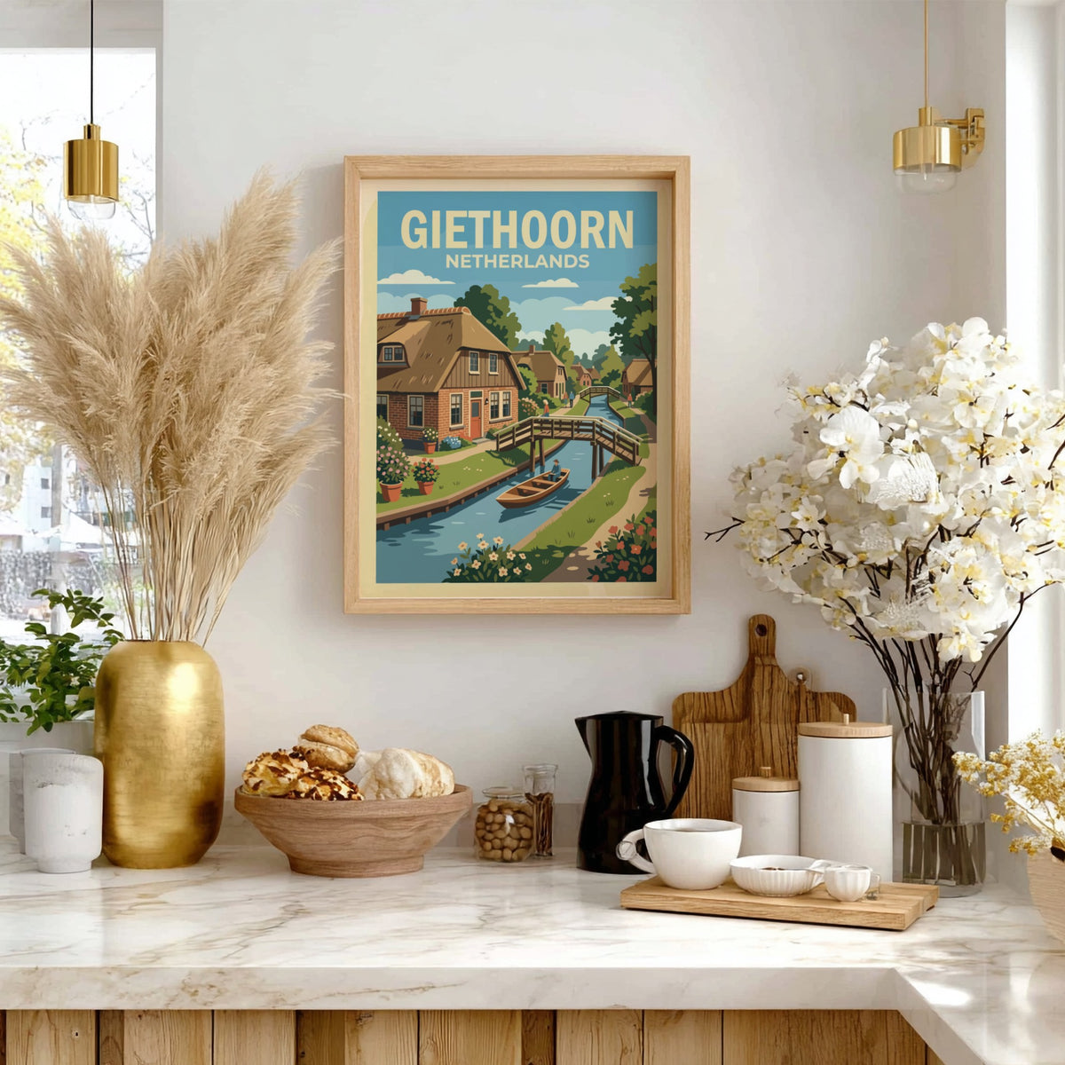 Poster of Giethoorn Netherlands featuring a canal with a boat and wooden bridge.