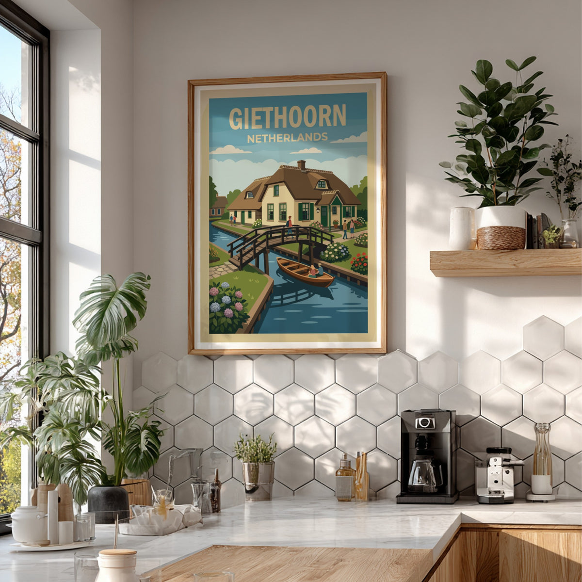 Poster featuring a charming Giethoorn village scene with canals, thatched cottages, and flowers.