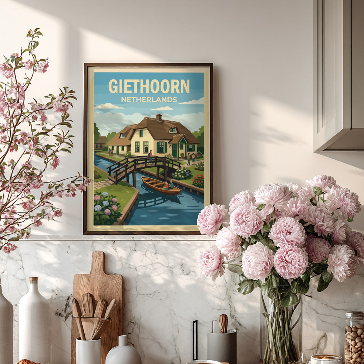 Poster featuring a charming Giethoorn village scene with canals, thatched cottages, and flowers.