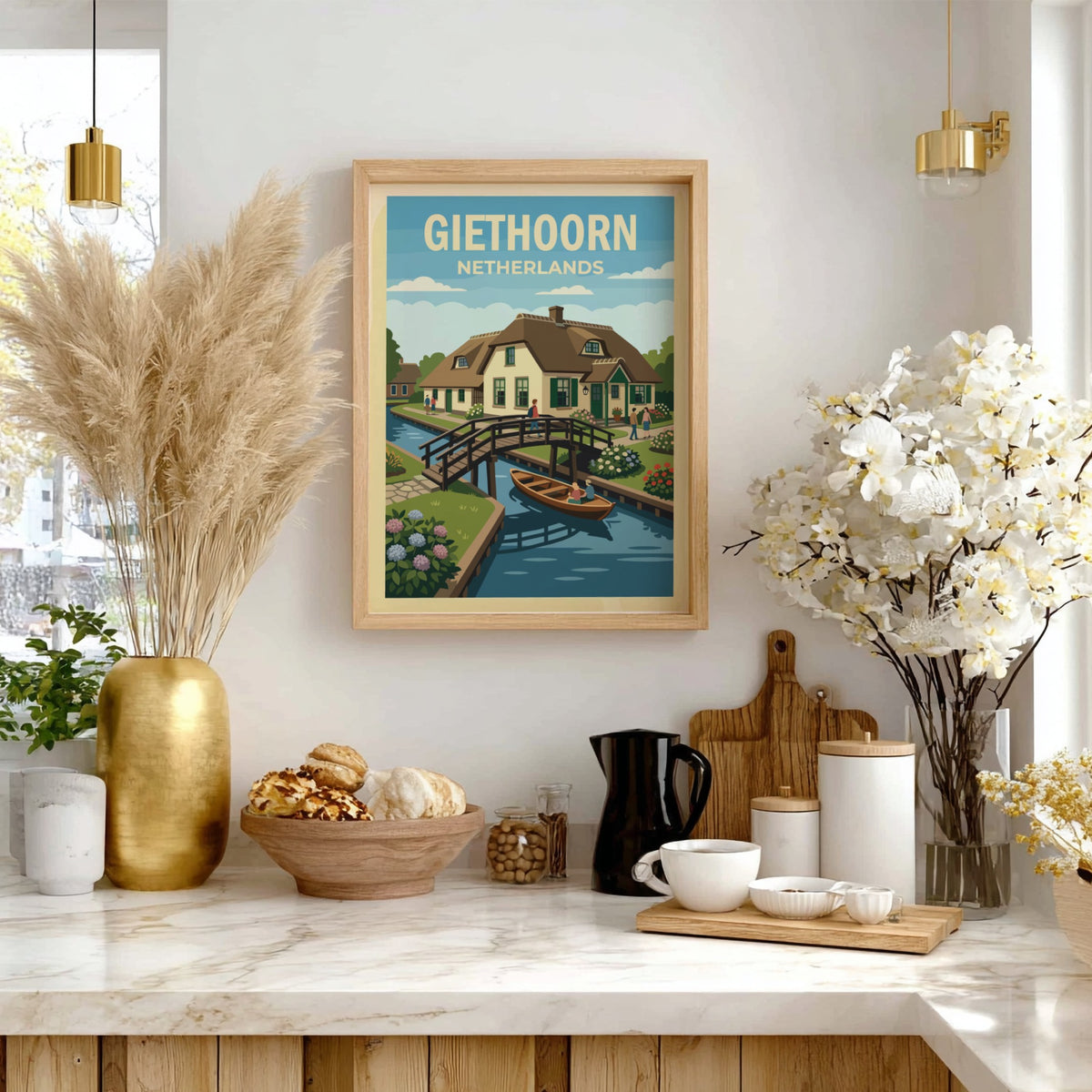 Poster featuring a charming Giethoorn village scene with canals, thatched cottages, and flowers.