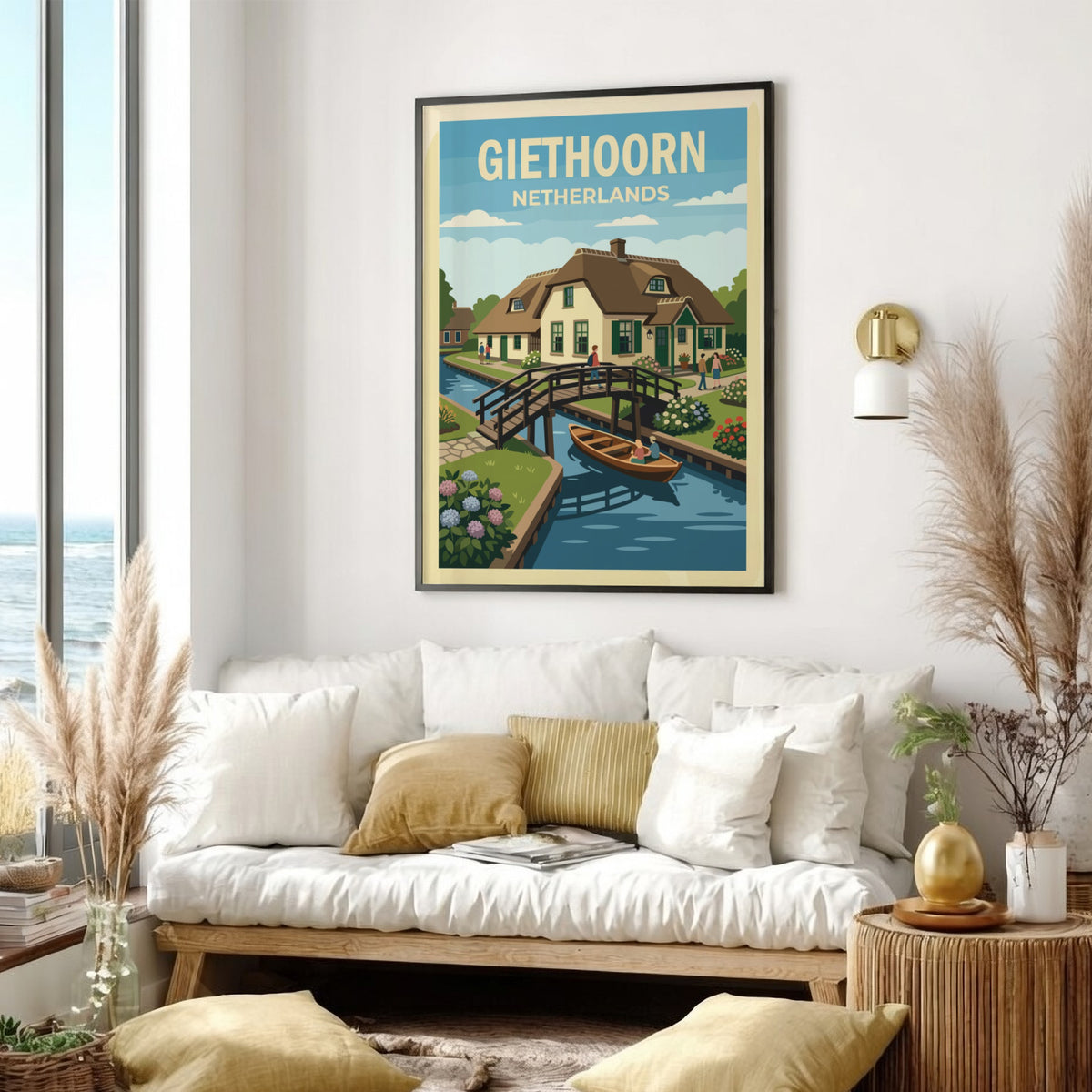 Poster featuring a charming Giethoorn village scene with canals, thatched cottages, and flowers.