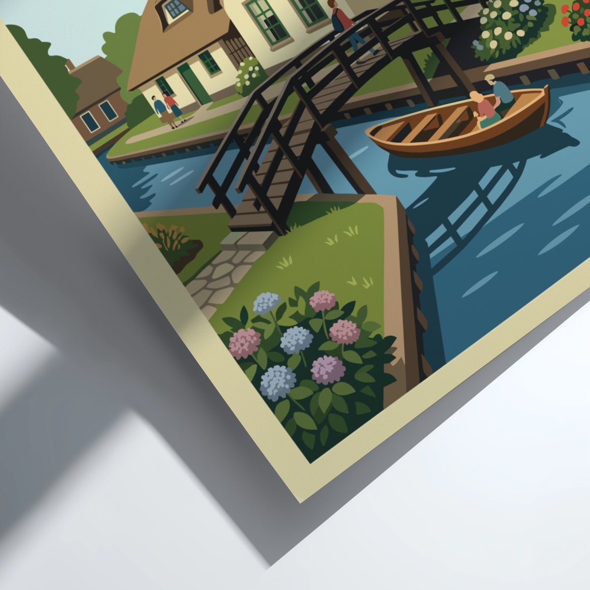 Poster featuring a charming Giethoorn village scene with canals, thatched cottages, and flowers.