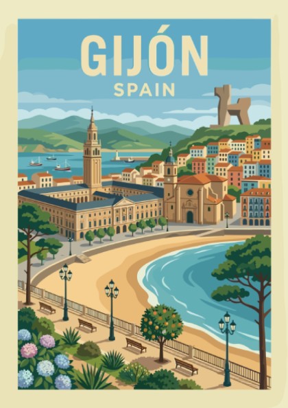 Retro travel poster of Gijon, Spain, featuring coastline, architecture, and sculpture. Coastal wall art.