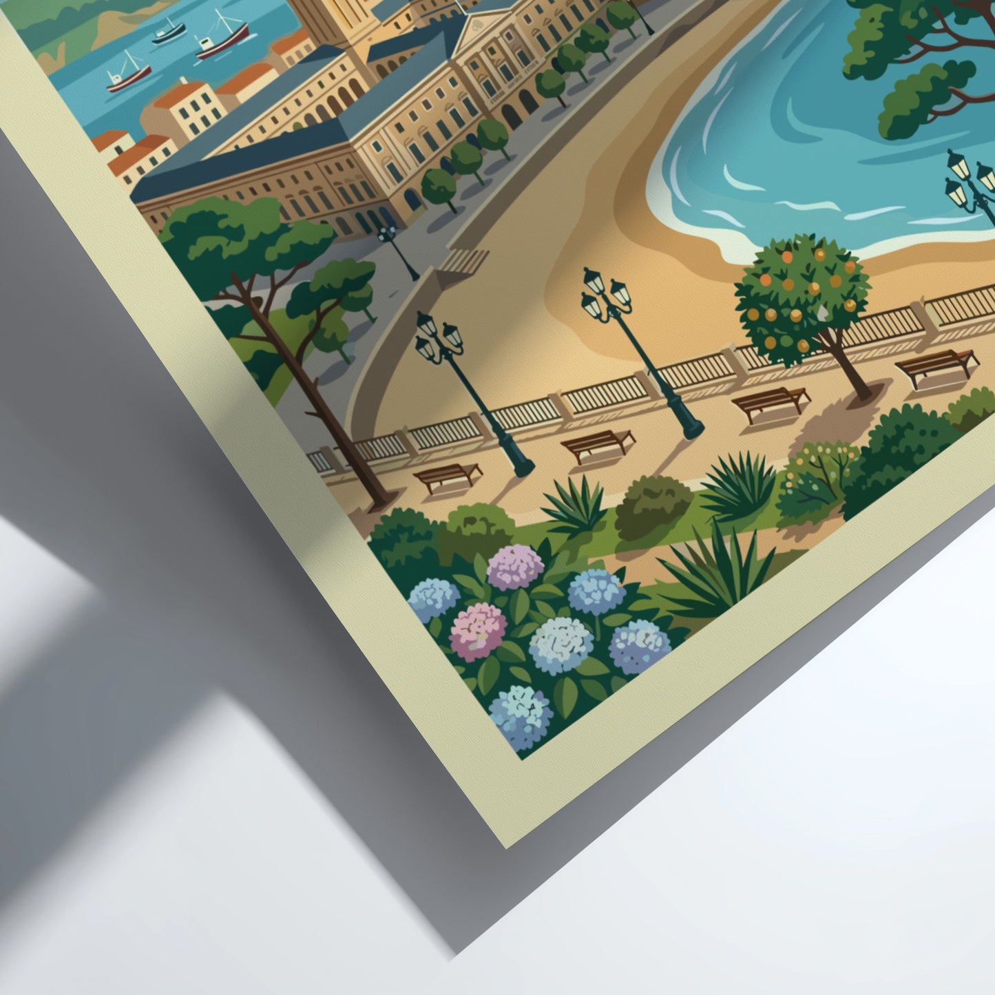 Retro travel poster of Gijon, Spain, featuring coastline, architecture, and sculpture. Coastal wall art.