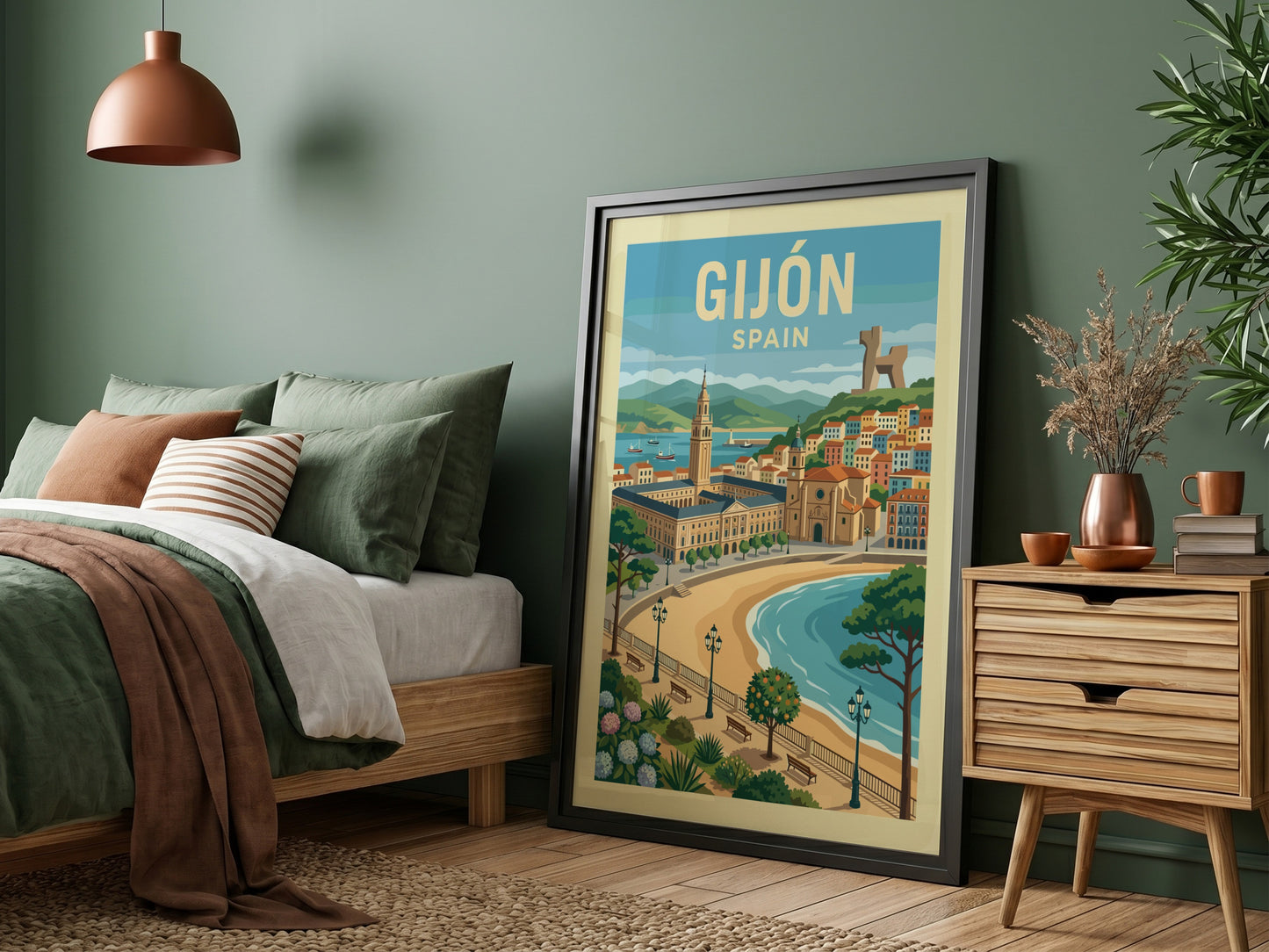 Retro travel poster of Gijon, Spain, featuring coastline, architecture, and sculpture. Coastal wall art.