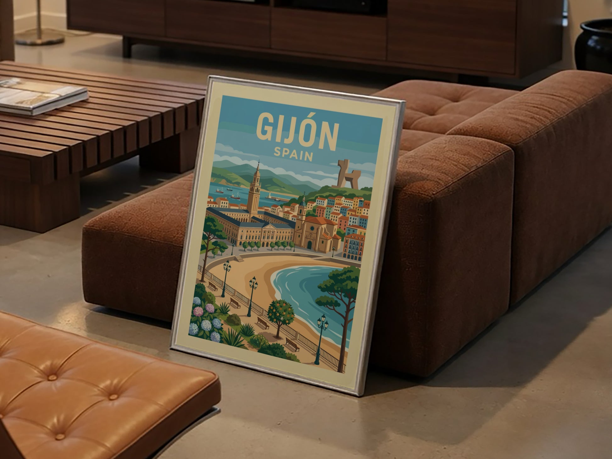 Retro travel poster of Gijon, Spain, featuring coastline, architecture, and sculpture. Coastal wall art.