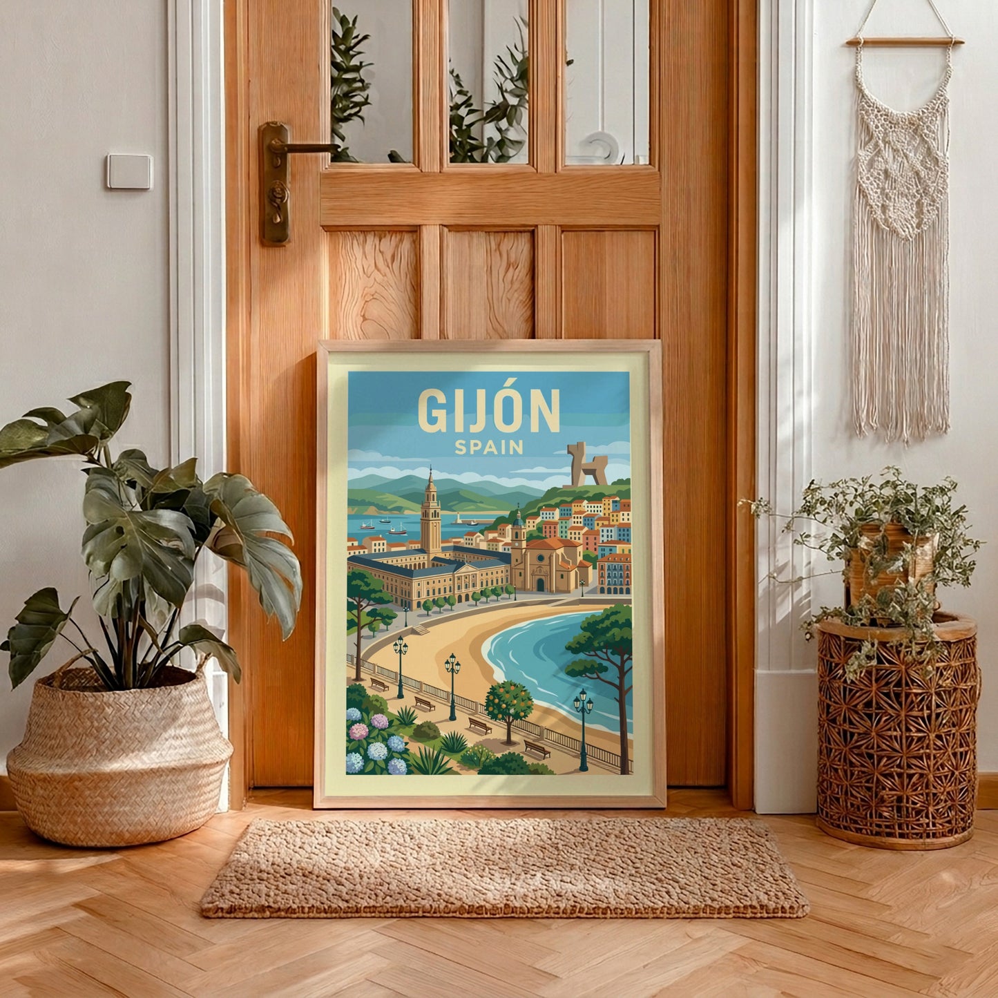 Retro travel poster of Gijon, Spain, featuring coastline, architecture, and sculpture. Coastal wall art.