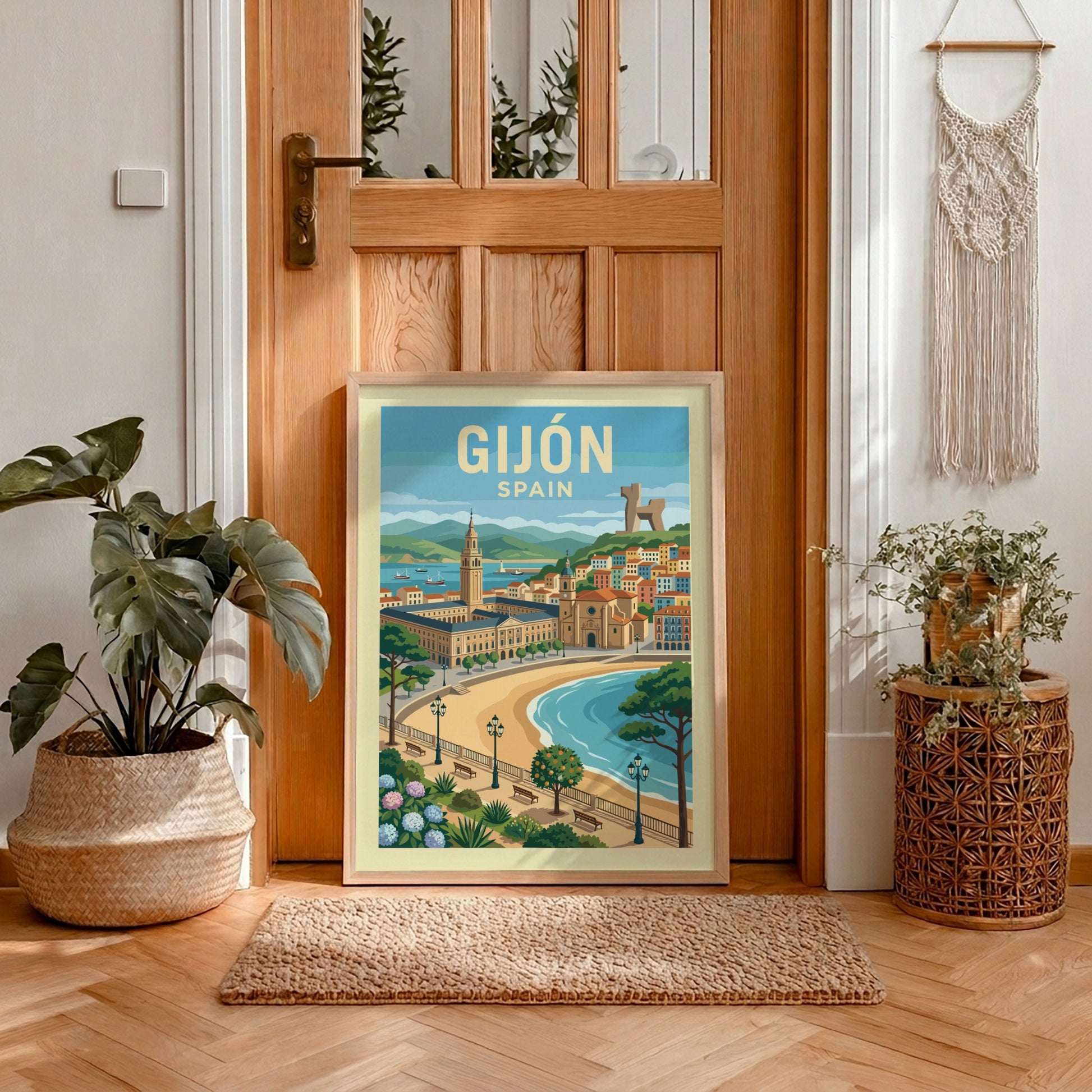 Retro travel poster of Gijon, Spain, featuring coastline, architecture, and sculpture. Coastal wall art.