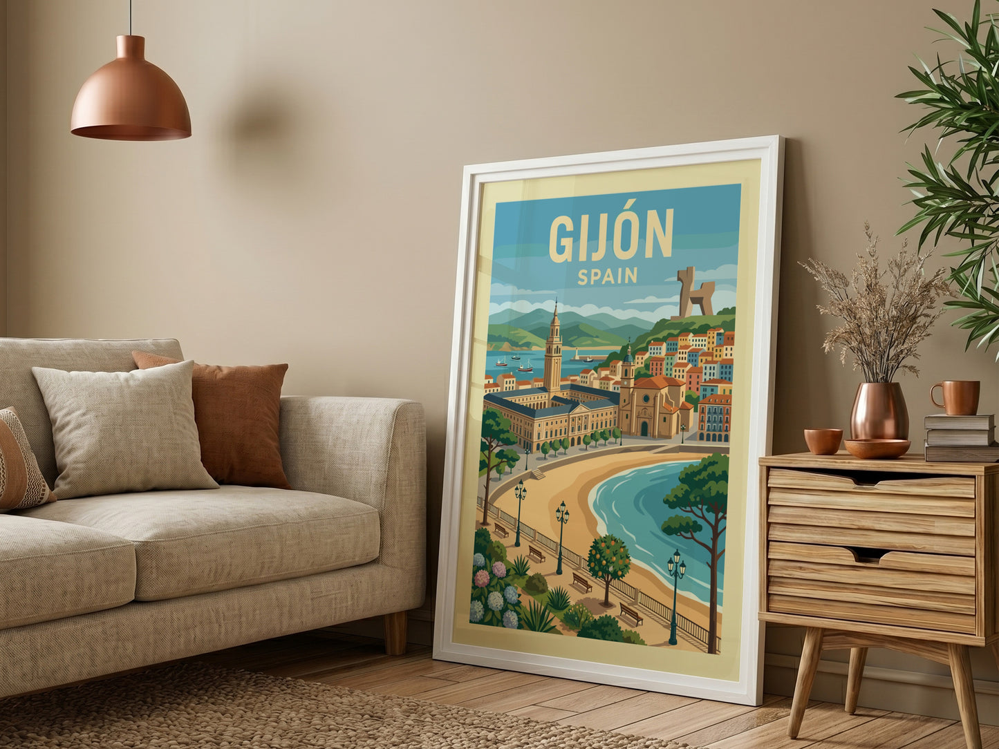 Retro travel poster of Gijon, Spain, featuring coastline, architecture, and sculpture. Coastal wall art.