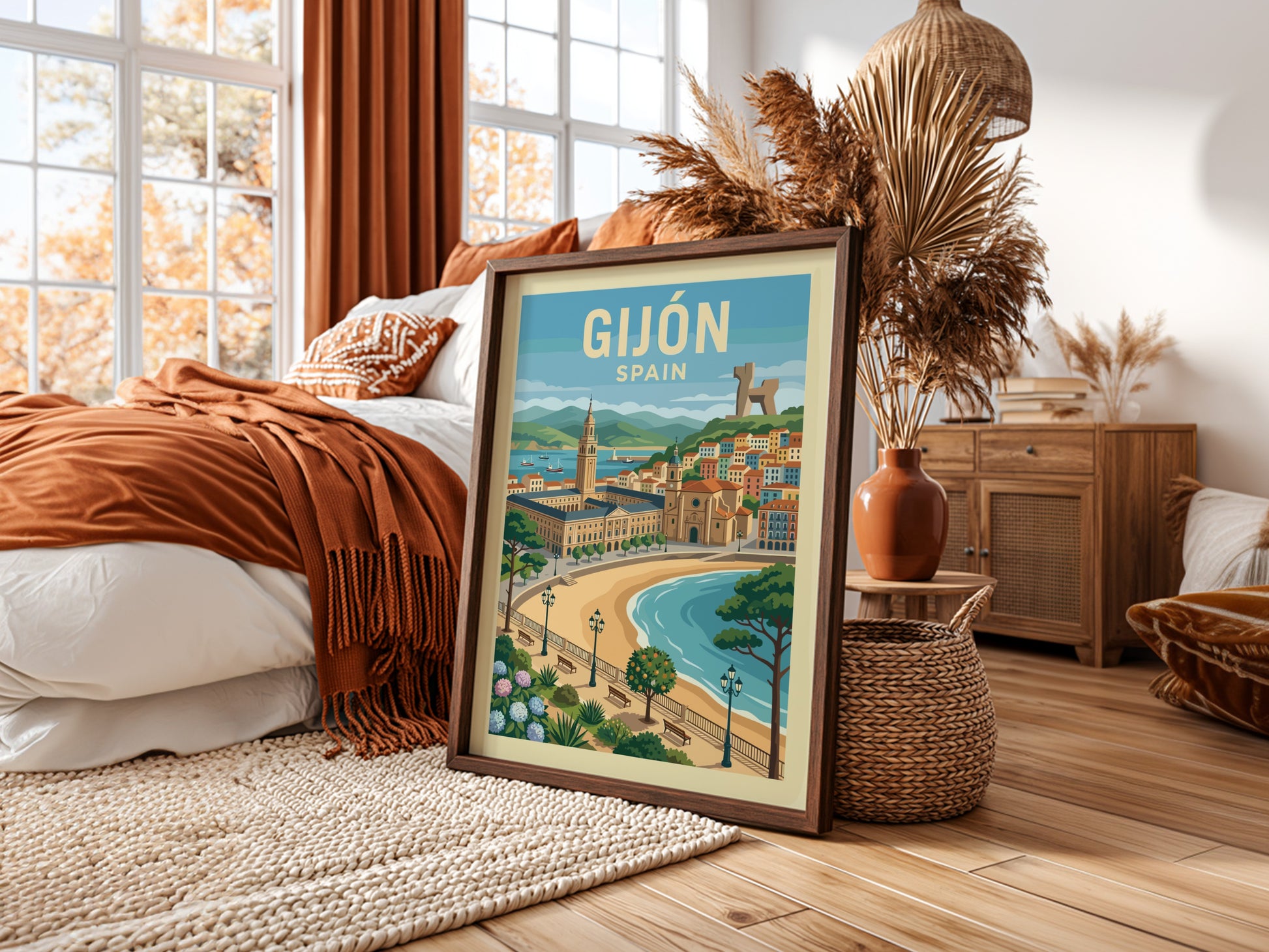Retro travel poster of Gijon, Spain, featuring coastline, architecture, and sculpture. Coastal wall art.