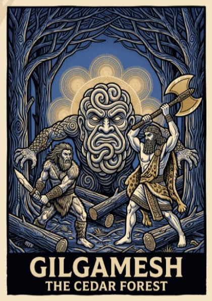Gilgamesh poster featuring two heroes fighting a forest giant in a dark blue woods.