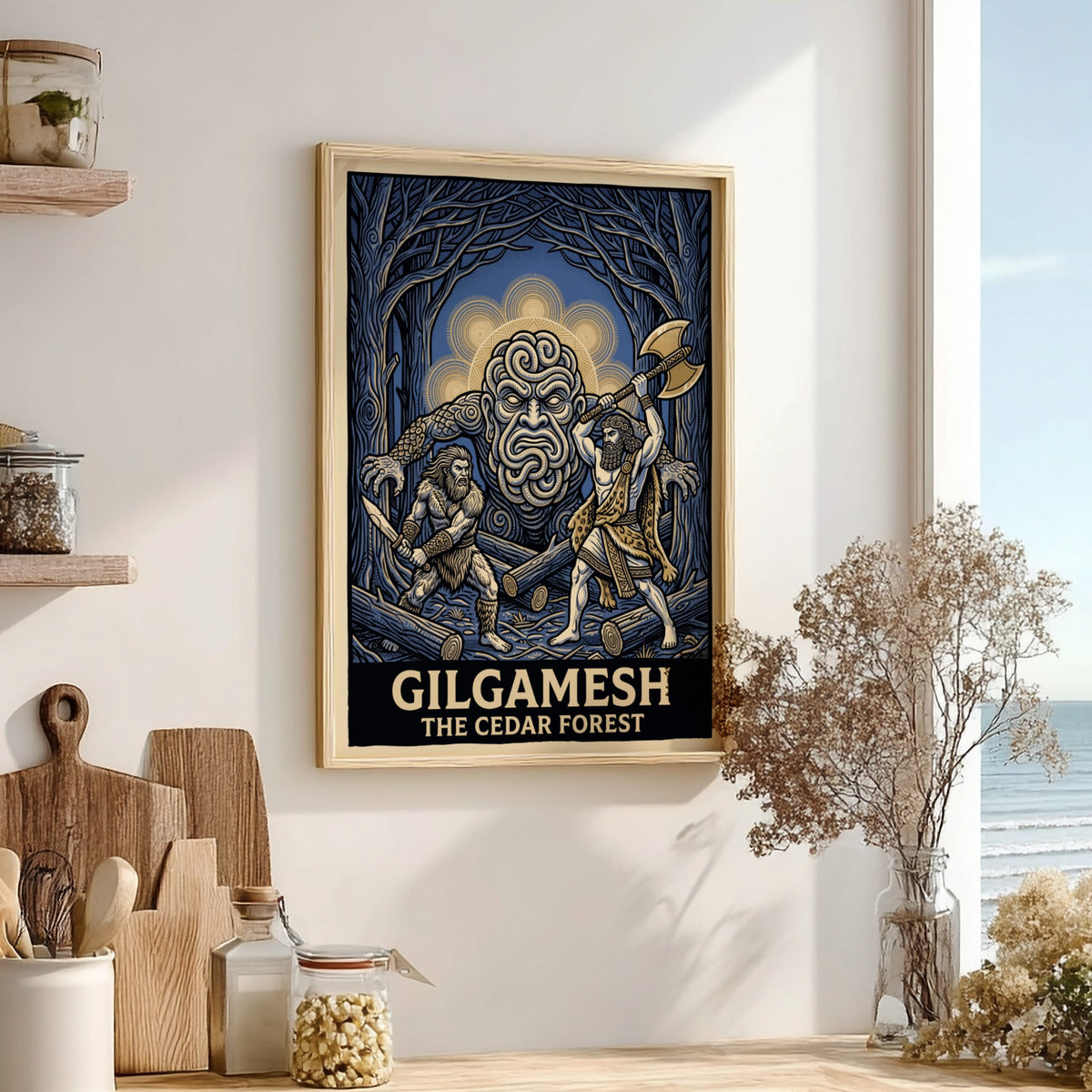 Gilgamesh poster featuring two heroes fighting a forest giant in a dark blue woods.
