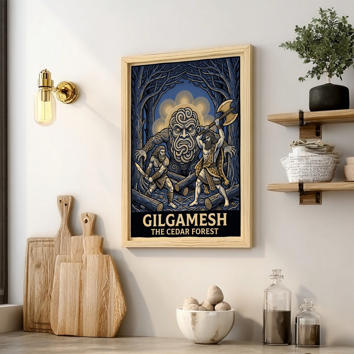 Gilgamesh poster featuring two heroes fighting a forest giant in a dark blue woods.