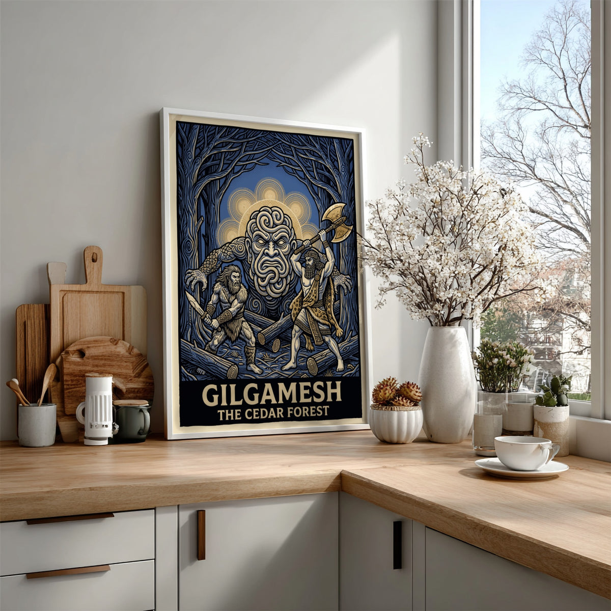 Gilgamesh poster featuring two heroes fighting a forest giant in a dark blue woods.