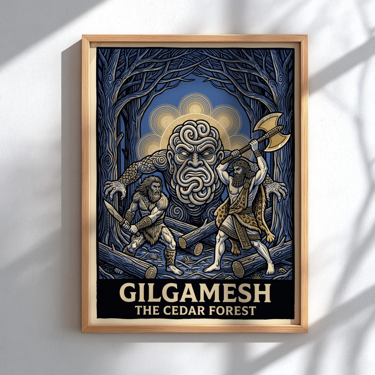 Gilgamesh poster featuring two heroes fighting a forest giant in a dark blue woods.