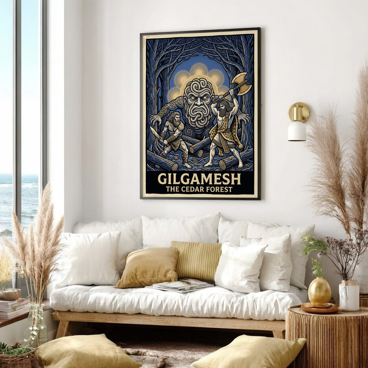 Gilgamesh poster featuring two heroes fighting a forest giant in a dark blue woods.