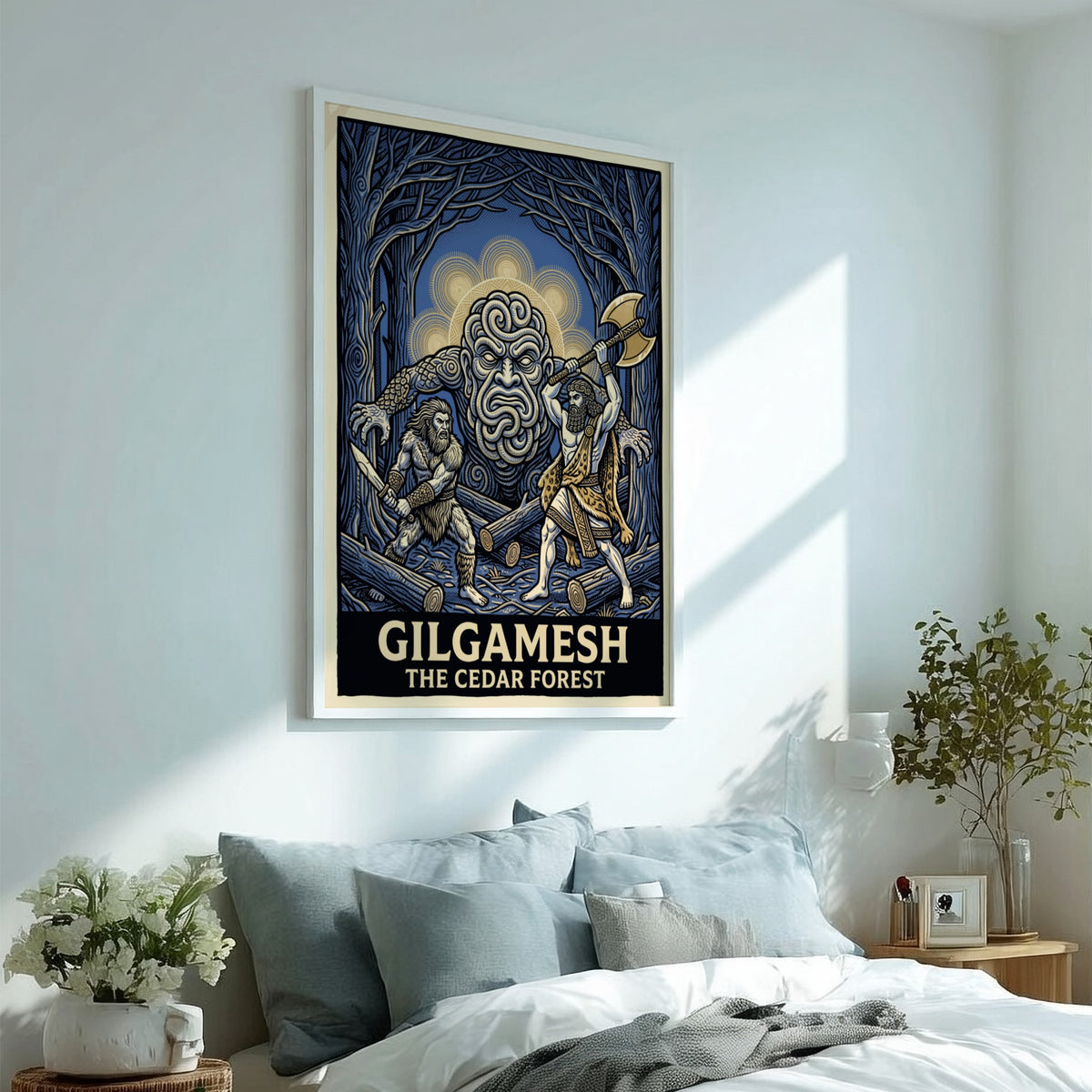 Gilgamesh poster featuring two heroes fighting a forest giant in a dark blue woods.