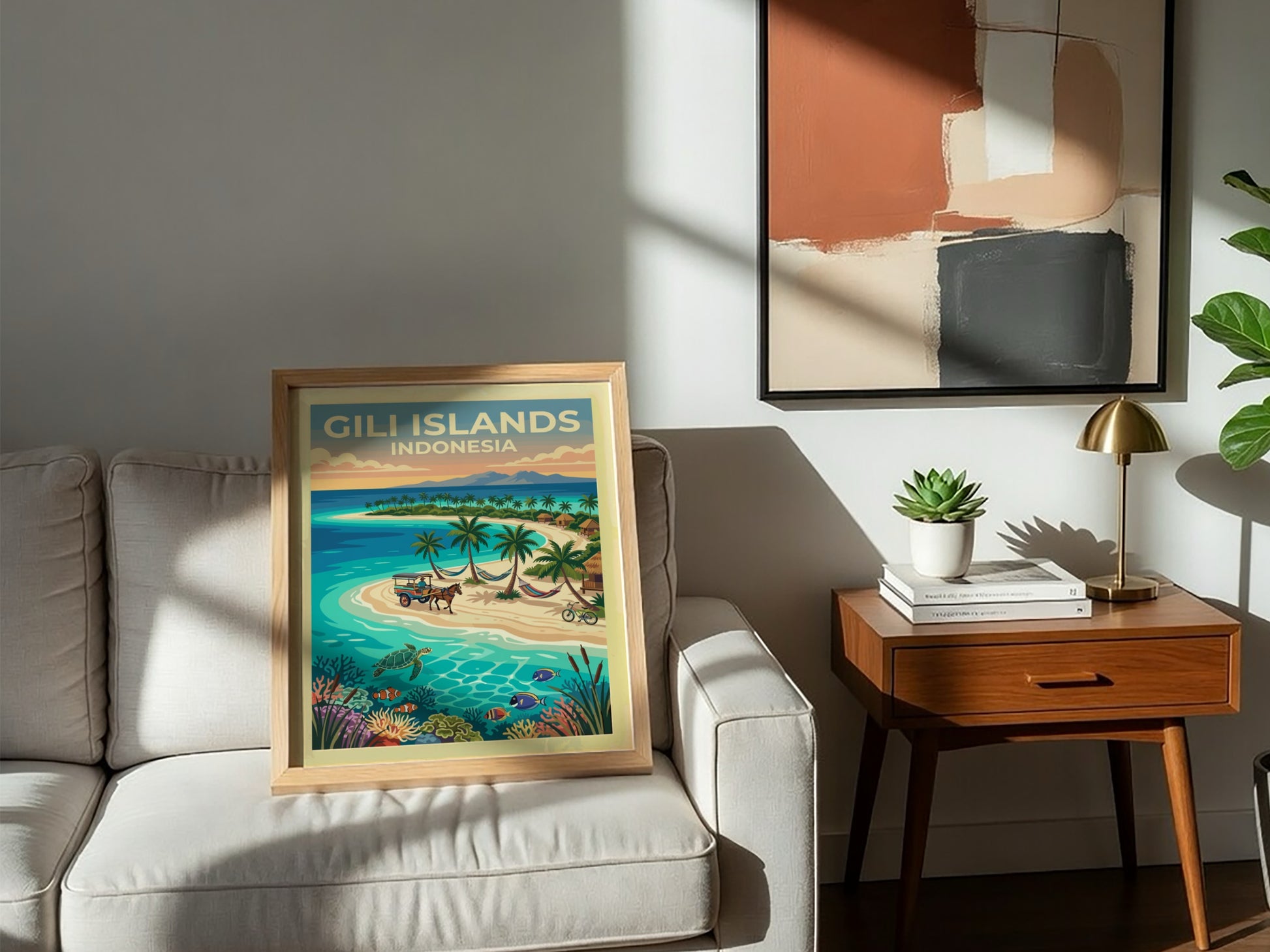Travel poster of Gili Islands Indonesia featuring a horse carriage on sandy beaches.