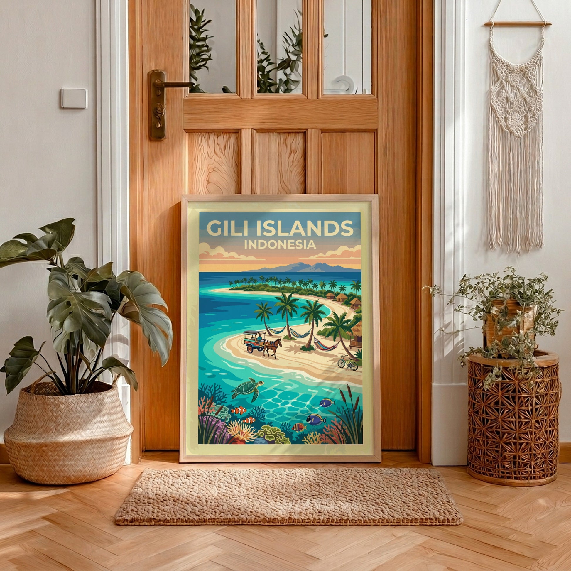 Travel poster of Gili Islands Indonesia featuring a horse carriage on sandy beaches.