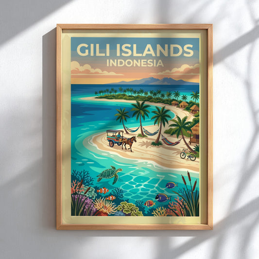 Travel poster of Gili Islands Indonesia featuring a horse carriage on sandy beaches.